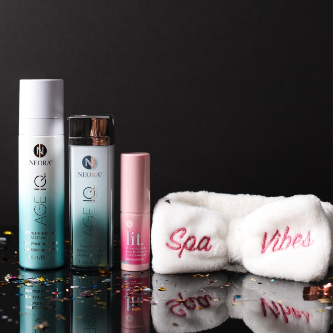 Save 15% with the Gift of Glow Skincare Set, which includes Age IQ Double-Cleansing Face Wash, Age IQ Day Cream, Lit Brightening Stick, and a FREE Spa Vibes headband.